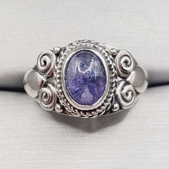 Genuine Tanzanite Cabochon Ring925 Sterling Silver Artisan Ring